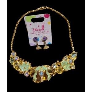 Disney Princess and The Frog Tiana Set Rhinestone Metal Bib Necklace & Earrings